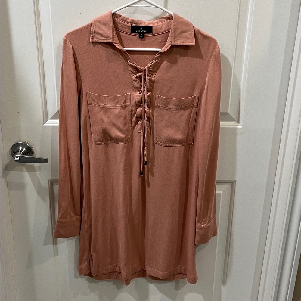 Lulus Dusty Rose Lace-Up Pocket Shirt Dress – Long Sleeve